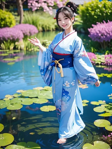 Best Quality　masterpiece　 Details　 wearing a kimono　A super cute girl is smiling and walking around the blue pond 　Photo style　 imaginary　 Fantasy