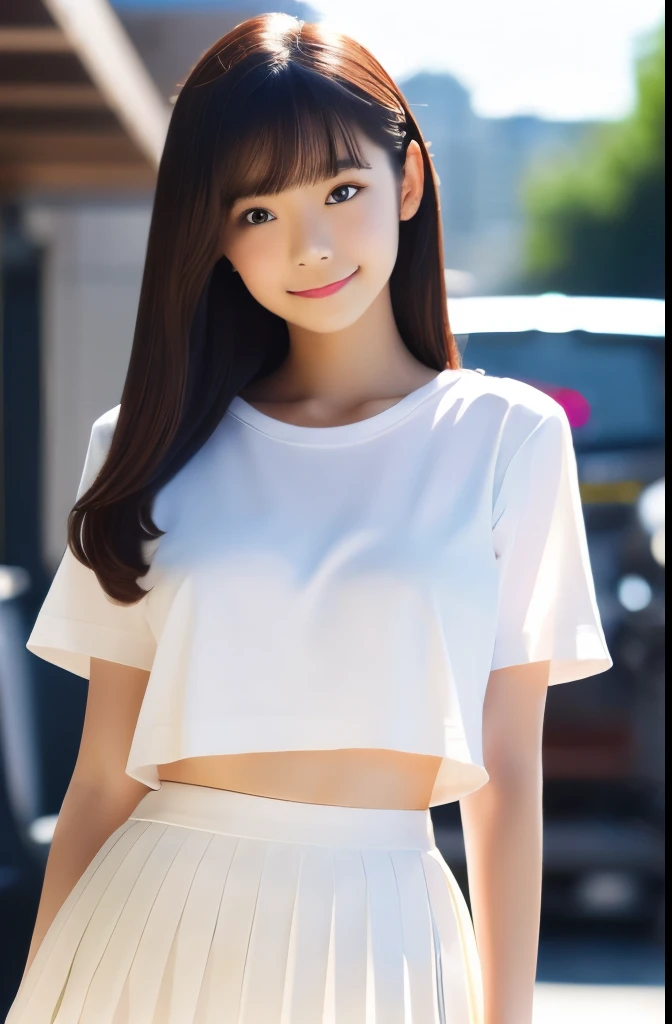 (masterpiece, highest quality:1.2), ((big chest:1.2)), 8k, ((white plain t-shirt:1.2)), ((full body:1.2)). ((Beautiful legs:1.2)),  ((white pleated mini skirt:1.2)), 85mm,Official AR RAW Photos, Super slim slender beautiful girl, big breasts, ((Cute Face:1...