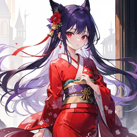 1 girl, (fantasy), cowboy shot, red eyes, (lavender hair, long hair), (red kimono), Sharp Focus, ((Best Quality)), ((masterpiece)), (detailed), facial focus, depth of field