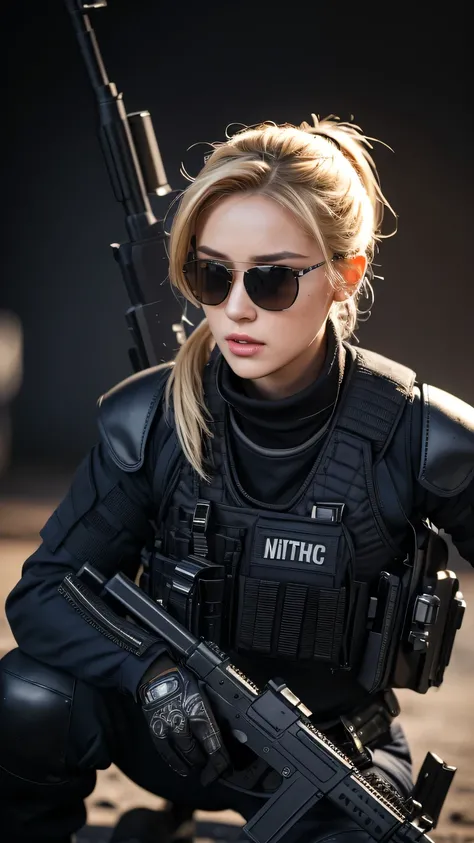 blonde pony tail hair, beautiful woman, pro lighting, photorealistic, Realistic face details, complicated details, 8k, ultra high details, dynamic camera angle, hips up, sunglasses, swat gear, armor vest, pistol, rifle, squatting,