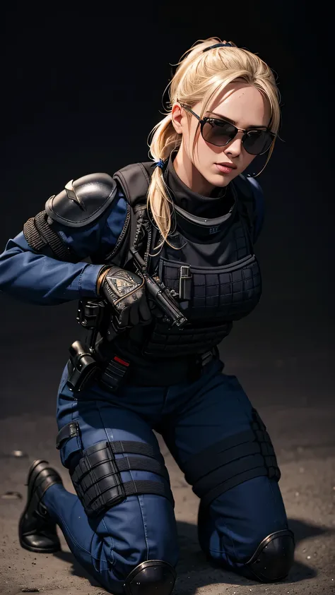 blonde pony tail hair, beautiful woman, pro lighting, photorealistic, Realistic face details, complicated details, 8k, ultra high details, dynamic camera angle, hips up, sunglasses, swat gear, armor vest, pistol, rifle, kneeling,