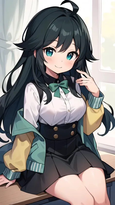 Junior high school student who looks like an elementary school student, , very short, 140 cm tall, black hair with a slight green tinge, short ahoge, beautiful long hair but with a little hair sticking out, beautiful round eyes, blue eyes, smile, boyish, l...