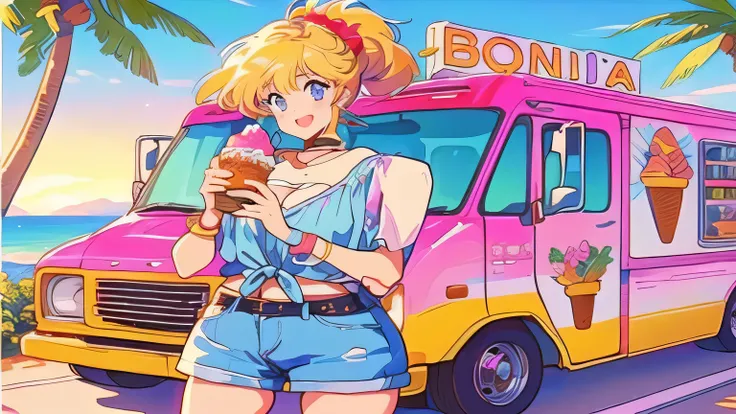 a close up of a person standing near a food truck, ice! cream! truck!, anime art style, in the art style of 8 0 s anime, 8 0 s anime art style, beautiful anime art style, soda themed girl, cute art style, high quality anime artstyle, splash art anime loli,...