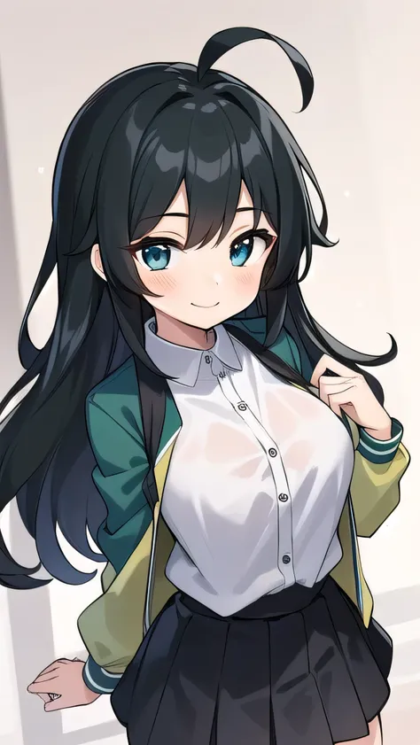 Junior high school student who looks like an elementary school student, , very short, 140 cm tall, black hair with a slight green tinge, short ahoge, beautiful long hair but with a little hair sticking out, beautiful round eyes, blue eyes, smile, boyish, l...