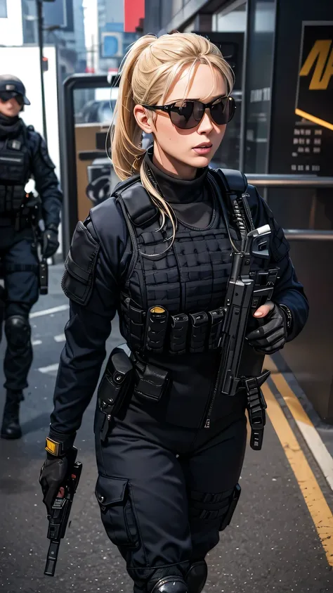blonde pony tail hair, beautiful woman, pro lighting, photorealistic, Realistic face details, complicated details, 8k, ultra high details, dynamic camera angle, hips up, sunglasses, swat gear, armor vest, pistol, rifle, walking,
