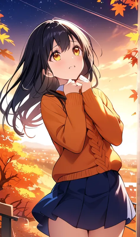 masterpiece、Best Quality、 High Definition CG Unity 8K Wallpaper 、  High School Girl Anime Illustration  。  1 girl、alone、Great hands、Perfect hands、 Black Hair 、 straight hair、Autumn Clothes、 she is wearing a knitted sweater ,  Short skirt、The landscape is f...