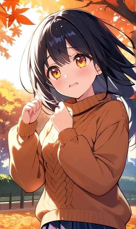 masterpiece、Best Quality、 High Definition CG Unity 8K Wallpaper 、  High School Girl Anime Illustration  。  1 girl、alone、Great hands、Perfect hands、 Black Hair 、 straight hair、Autumn Clothes、 she is wearing a knitted sweater ,  Short skirt、The landscape is f...