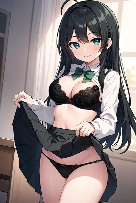 Junior high school student who looks like an elementary school student, , very short, 140 cm tall, black hair with a slight green tinge, short ahoge, beautiful long hair but with a little hair sticking out, beautiful round eyes, blue eyes, smile, boyish, l...