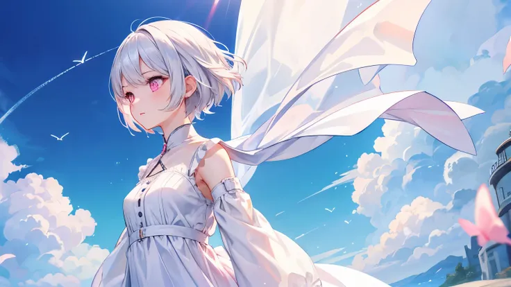 ((Best Quality))、((Representative works))、( Details)、 a woman with short silver hair and pink eyes、profile、long distance、From afar、White shirt dress、 flying

