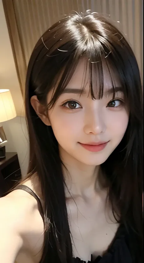    Natural Filter   、Selfie-like filters   、Top-Down Angle、  smartphone standard image quality    、   amateur photography , Black medium long hair 、   straight hair、bangsで額を隠す、 bangs、   random sexy pose,、smile、    backgrounds are random luxury hotels  、   ...