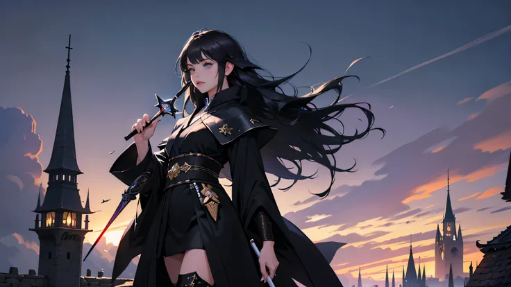 masterpiece, ultra detailed, 8K Portrait, Raw photo, a portrait photo of girl, Highly detailed face, beautiful and meticulous eyes, ((Fantasy)), young woman, (dark mage:1.5), dark hair, long straight hair, long bangs, black eyes, purple half kimono Flutter...