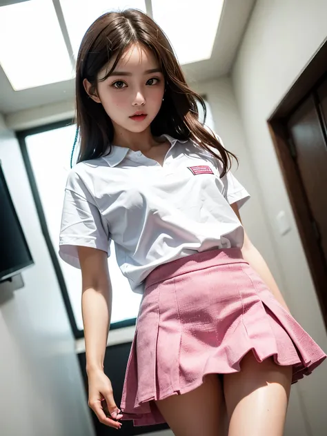 ( one cute girl , masterpiece, Best Quality, 8k,  RAW Photos,  absurd:1.2),  watching viewers, From below,  Facial beauty,  white shirt, Short sleeve,  School Uniform,  Fisheye Lens ,  Face Light,  photorealistic ,  film grain, (( focus on the chest )), we...