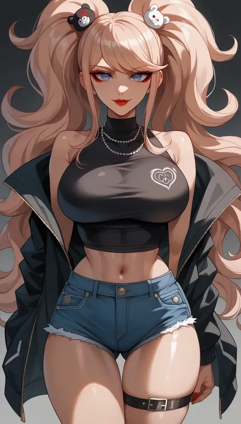 perfect eyes、 perfectly sexy face、ultra detailed、junko enoshima、 danganronpa 、shiny hair、( big breasts ), black shirt、black jack...