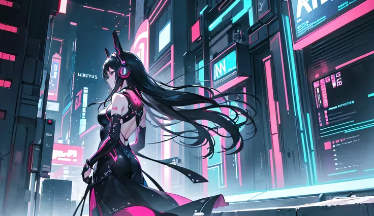 ((best quality)), ((masterpiece)), (detailed), One Woman、Long black hair、A back view of a man walking through a futuristic neon city, wearing headphones .night