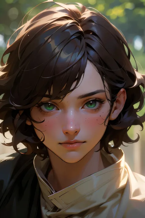 a boy, dark brown short messy fluffy hair, green eyes, anemia, (best quality,4k,8k,highres,masterpiece:1.2),ultra-detailed,(realistic,photorealistic,photo-realistic:1.37),detailed facial features, detailed eyes, detailed nose, detailed lips, cinematic ligh...