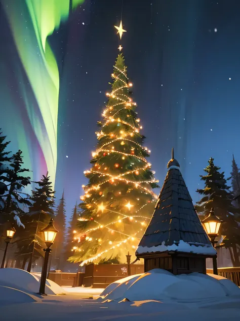  illustration、graffity art, Christmas、Fir tree、Holy Night、snow、Beautiful background、scenery、 aurora 、happy imagination、