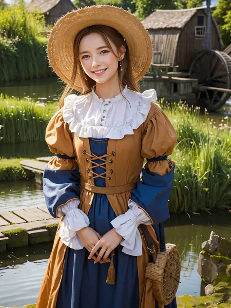 Best Quality　masterpiece　 Details　A super beautiful woman is smiling and standing in front of a water mill wearing a Dutch national costume　Photo style　 imaginary　 Fantasy