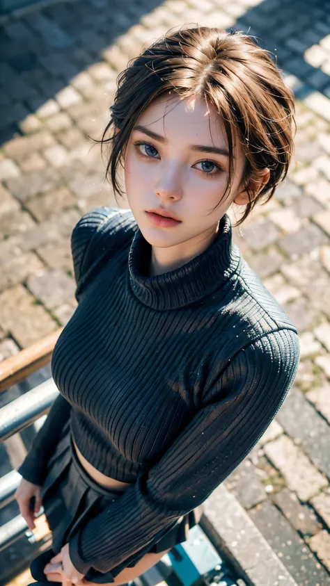 Best Quality, masterpiece,    super high definition,8k, (Realistic:1.8), ((With an upturned gaze,Portrait taken from above:1.4)), see RAW photos up close  ,   1 girl,22 years old,((skinny fleece fashion )),(( miniskirt:1.3)),(( random short hair  )),((Look...