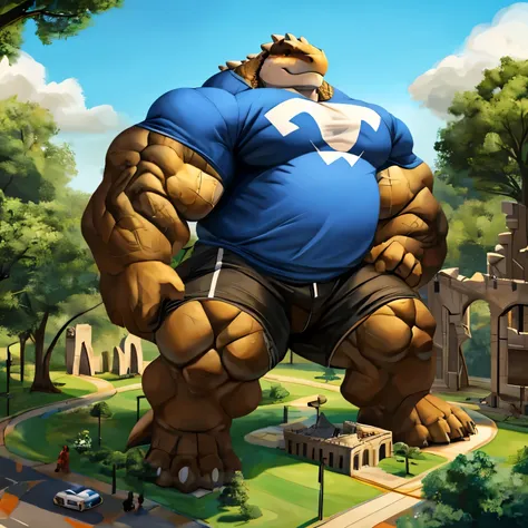 anthro ankylosaurus, with a club tail , in a park ,  who is house big and wears a t-shirt and shorts, (massiv:3.0, big muscle :1...