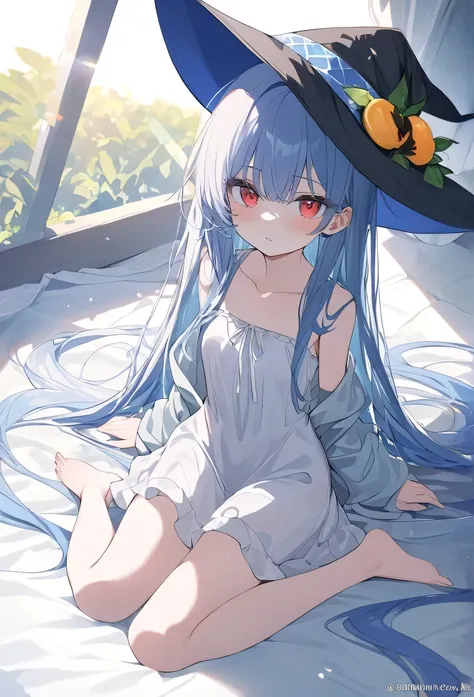 masterpiece，high quality，best quality， Official Art ，Beautiful and picky，  Very detailed  （Fractal Art 1.2），rich colors，Most detailed，a girl，Expressionless，dark blue long hair，long bangs， bright red eyes ，pale albinism，barefoot， wearing a pure white summer...