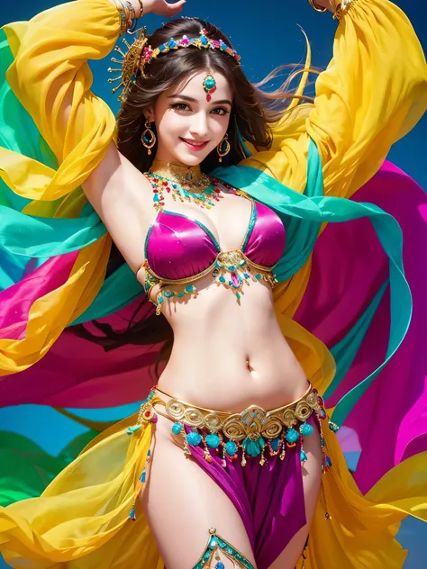 Best Quality　masterpiece　 Details　A super beautiful woman is dancing belly dancing with a smile　 nice style 　 colorful 　Photo style　 imaginary　 Fantasy