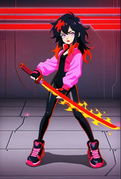 anime woman,       Anime style,         dark hair with red lights     ,      fingerless gloves     , beautiful, pink eyes, cute, lovely     ,       cyberpunk sneakers         , long pink jacket              ,         messy hair,  urban fashion ,      red s...