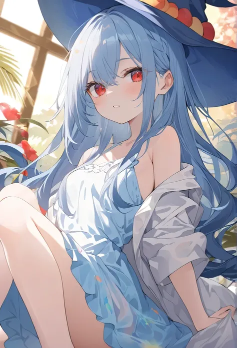 masterpiece，high quality，best quality， Official Art ，Beautiful and picky，  Very detailed  （Fractal Art 1.2），rich colors，Most detailed，a girl，Expressionless，dark blue long hair，long bangs， bright red eyes ，pale albinism，barefoot， wearing a pure white summer...