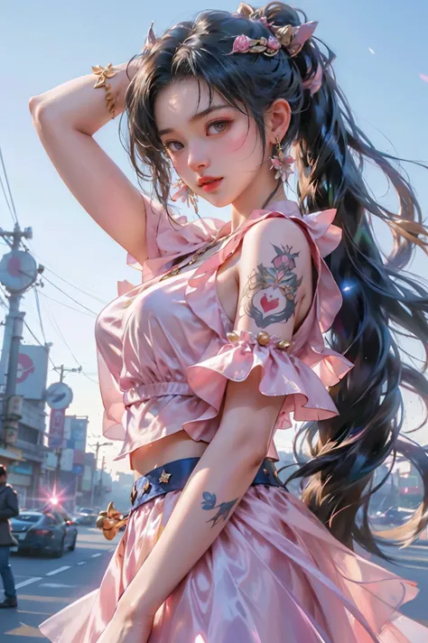 High quality, high resolution, ultra-realistic photos, cute in her 20s, unparalleled Japanese beauty, princess eyes, tattoos on both arms, street fighter, strongest, realistic, fascinating. The title of the movie: "Fascinating Fighter" is written in large ...