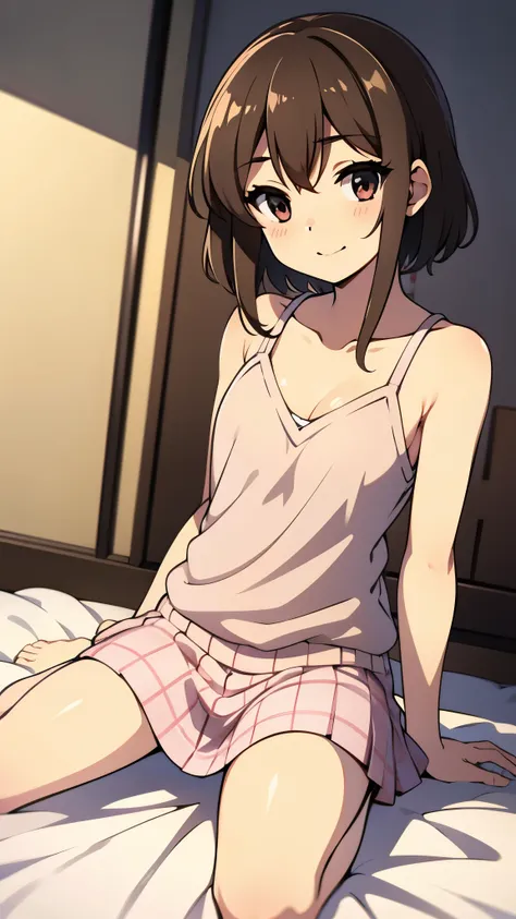 in bed room1:2, anime style, ultra high res, break Best quality, sitting 1female on bed1:2, blush, break adult body, break pink camisole1:3, break bare foot, break expressionless, sharpen, 32k, masterpiece, intense gaze,