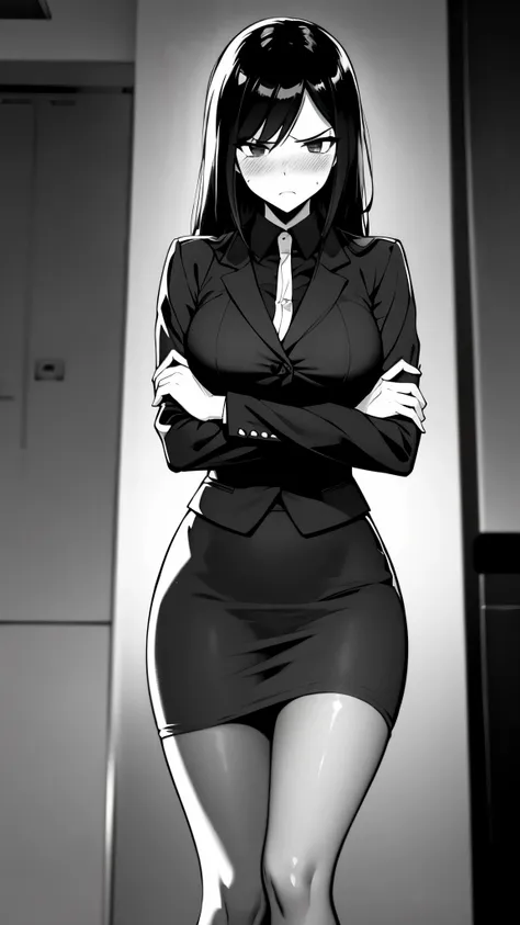 a woman with long black hair, wearing a business outfit consisting of a suit, (pencil skirt), and pantyhose, stands in a monochr...