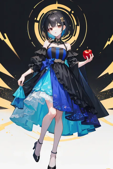 The princess is wearing a black, red, yellow, blue dress with short black hair, full body, holding an apple. 