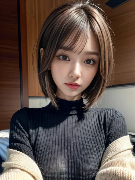 masterpiece, best quality, ultra high res, ultra detailed, sharp focus, 8k, Beautiful and fine details, realistic, a stunning pretty and beautiful Korean idoll , 19yo, (detailed beautiful face), High resolution details of human skin texture, knit, Black Sw...