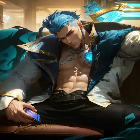 a man with blue hair sitting on a couch holding a cell phone, sylas, arcane jayce, league of legends character, range murata and artgerm, by Yang J, extremely detailed artgerm, from league of legends, league of legends realistis art, heroic masculine pose,...