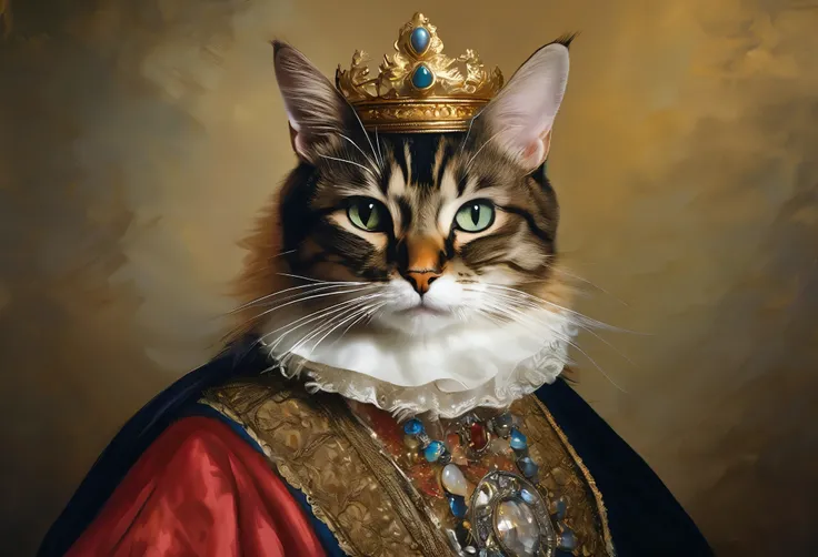   portrait inspired by Arab cats ,  Gabrielle Metz wearing a dress with a crown and jewels ,  art station , Renaissance,  Dignity in an Aristocrat Costume , Royal portraits, Queen portrait, Dressed in the Queens costume, humanoid cat , Classy cat,  Portrai...