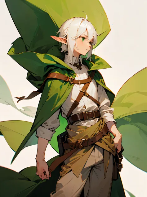  A tall elf boy with medium length white hair and long elven ears.  White crumpled shirt , brown belt, bag, strapped to a belt .  A green cloak is draped over the shirt .  Light brown baggy pants .