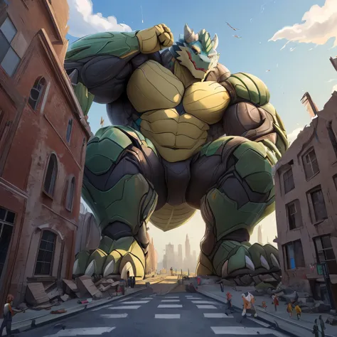 The as big as a building  exoskeleton dragon  in the small street， exoskeleton dragon (massiv:3.0, big muscle :1.1( heavyweight,stark,Macro, emphasize the huge size,  Stepping on the ruins )), background (( the collapsing building, raise small spoke ,the l...