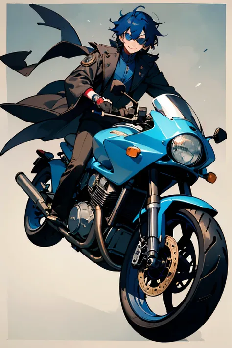  Young man, high,  dark blue haired leather and sunglasses .  Badasa magician clothes with beautiful , full of coherent ,  with a mischievous smile with an old medieval style motorcycle 