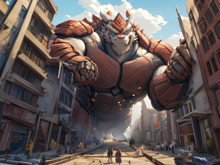 The as big as a building  exoskeleton dragon  in the small street， exoskeleton dragon (massiv:3.0, big muscle :1.1( heavyweight,stark,Macro, emphasize the huge size,  Stepping on the ruins )), background (( the collapsing building, raise small spoke ,the l...