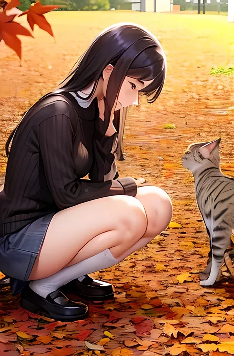 ((Petting a cat))、 Japanese、woman、2 people、18 years old、  very slender 、 Signs of autumn、autumn leaves、(sweater)、 smile、 Thin legs