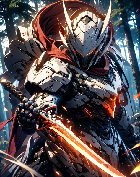 A man wearing shining black exo armor is acting violently in the woods,  rendered in Unreal Engine 5 , Black Octane Rendering, Super detailed with octane rendering ,  rendered with 8K Unreal Engine ,  rendered with Unreal Engine 6 , Streamlined red armor ,...