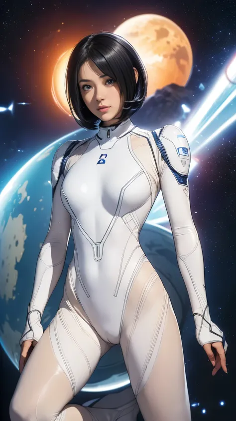 (masterpiece、highest quality、highest resolution、clear_image、Detailed details): (full body figure、 girl、Japanese face、small face、thin、navy blue super short bob cut hair、blue colored eyes、((navy long sleeve space suit、space helmet))、headset、cosmic handbag、cu...