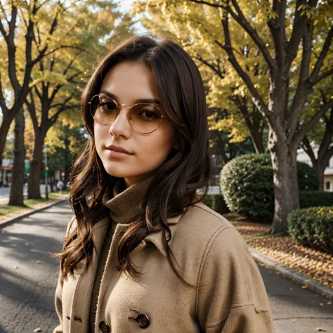 a twenty one year old young american woman with dark brown hair, wearing sunglasses and a beige wool coat with a black turtleneck sweater underneath, posing for the camera in front of trees on both sides of a fall park road, during the autumn season. She h...