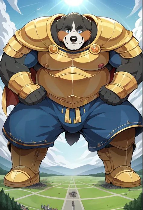 nj5furry, Bernese Mountain Dog,  beast field  ，pummelig, thick arms，strong muscles，Shorts，Plush  , trägt eine Royal robe ，chubby face，  black eyebrows  ， sky blue eyes  ，bart，  friendly smile ，standing on the grass,on the stomach, Vati , (From underneath:1...