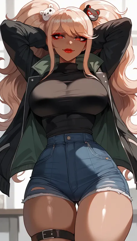  perfect eyes、 perfectly sexy face、Ultra Detailed、Junko Enoshima、 Danganronpa 、shiny hair、( Big breasts ), black shirt、black jacket、Tight Waist、thin waist、 dark blue denim shorts、 Thigh straps 、shiny skin、 tanned skin 、Beleza、erotic、Red Eyeliner、 red lips、...