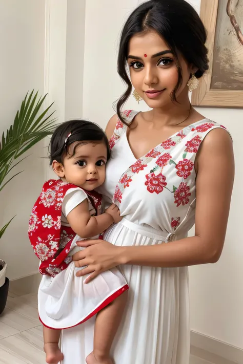 18 years cute little beautiful white cute beautiful face indian pregnant girl  with his  s cute little small boy baby with stylish different Red and white mixed colour full modern flower design in stunning dress with hot pic with full size pic