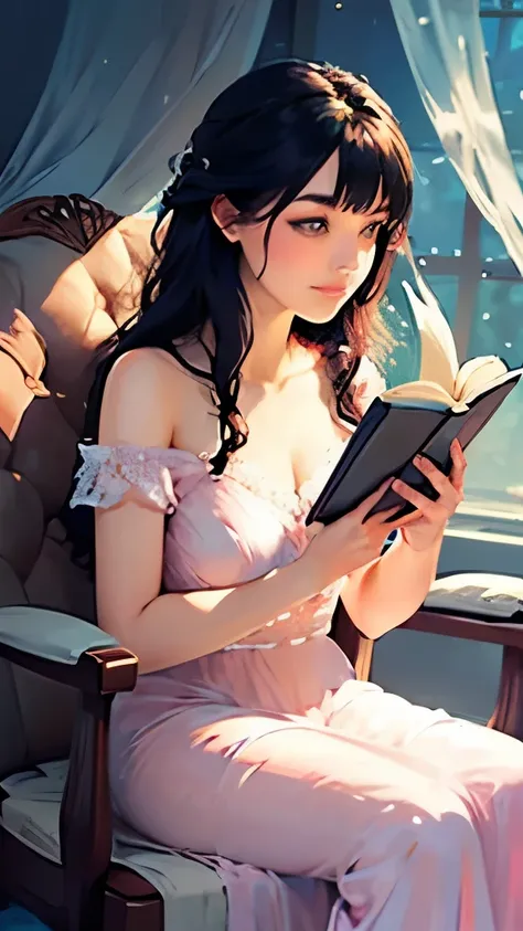 woman in a pink dress sitting on a chair holding a book, digital art inspired by Cassandra Austen, pinterest, romanticism, dreamy and ethereal, wearing a nightgown, ethereal and dreamy, dreamy style, nightgown, ethereal fairytale, romantic dress, soft ethe...