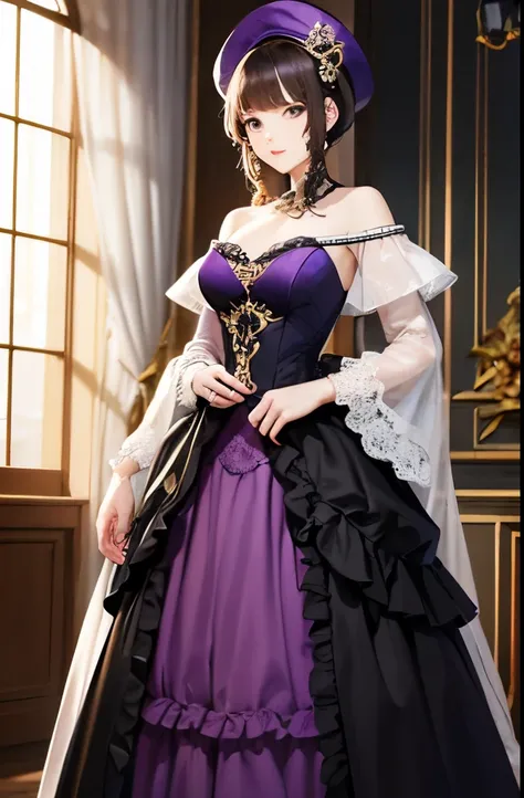 a woman in a purple dress and hat is posing for a picture, dress in the style of rococo, rococo queen, rococo fashion, rococo dress, historical baroque dress, royal gown, rococo baroque, full dress, aristocratic appearance, # rococo, baroque hibiscus queen...