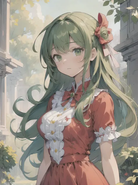 (((masterpiece))), (((Best Quality))), ((Super detailed)), (Illustration), (( very delicate and beautiful )), ((  super detail)), (( high resolution on down)), (( one girl playing pranks)),( upper body),(((Red Dress))),(green hair),long hair,(Green Eyes), ...