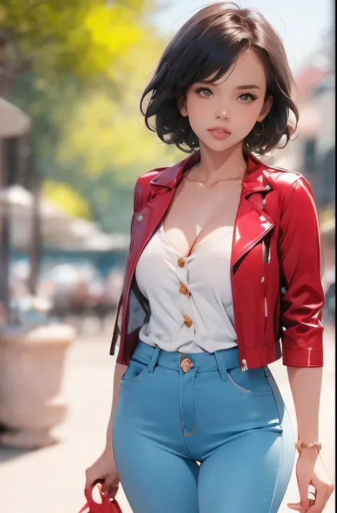 
short black_hair, blurry, blurry_background, blurry_foreground, bokeh, green_eyes, blushing, , cosplay_photo, depth_of_field,, lips, greek port, front view,, colourful leather jacket, jeans, sneakers,, button_gap, buttons, cleavage, collared_shirt