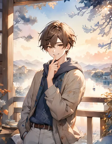 Artwork of a casually dressed, 20 year old man. With a beautiful, radiant smile (with a slightly cold, chilly expression), he exudes the vibe of a man waiting for his lover. The background is soft, ((a dreamy watercolor landscape)) ((reminiscent of a famou...